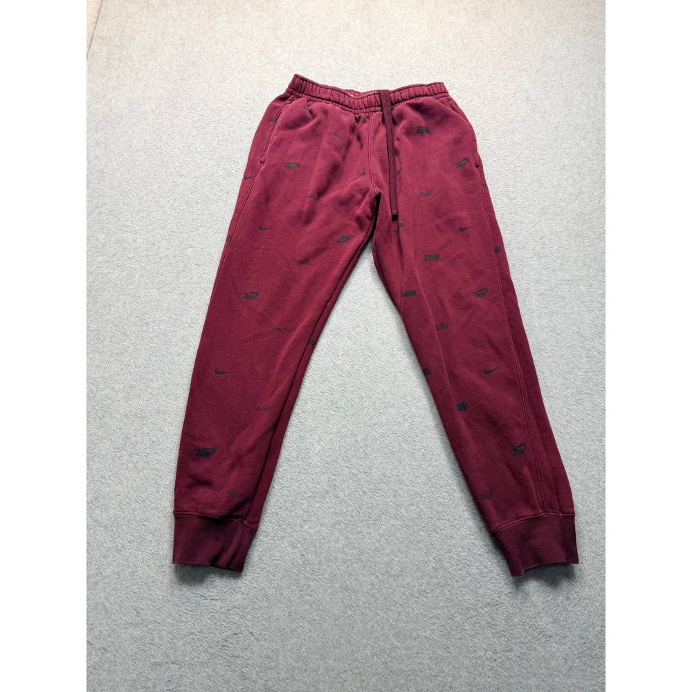 Nike Sportswear Mens Burgundy All Over Logo Print Fleece Jogger Pants Size M